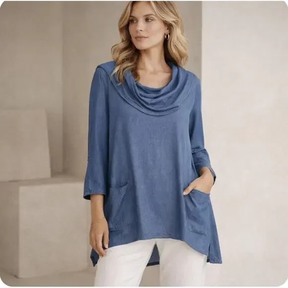 Ali Miles Sz M 100% Lyocell Blue Chambray LS Soft Draped Cowl Asymmetrical Pkts - Picture 1 of 7